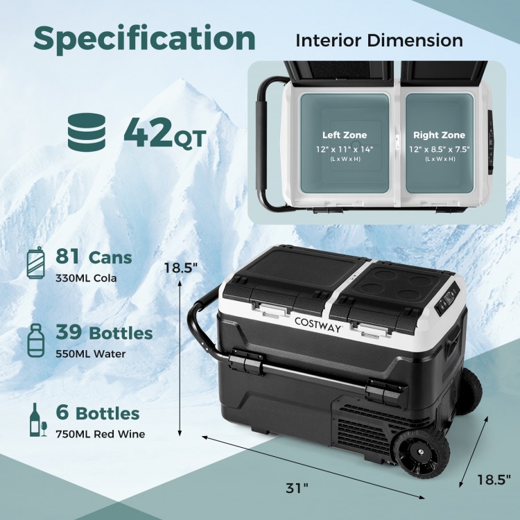 Dual zone 12V 42QT car refrigerator with rolling wheels, LED touch panel, and cup holders for camping and travel.